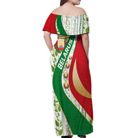 Belarus National Emblem Off Shoulder Maxi Dress with Green Red Gold Floral Folk Pattern Design