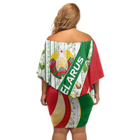 Belarus National Emblem Off Shoulder Short Dress with Green Red Gold Floral Folk Pattern Design