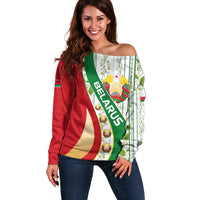 Belarus National Emblem Off Shoulder Sweater with Green Red Gold Floral Folk Pattern Design