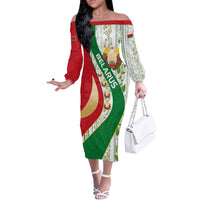 Belarus National Emblem Off The Shoulder Long Sleeve Dress with Green Red Gold Floral Folk Pattern Design