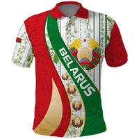 Belarus National Emblem Polo Shirt with Green Red Gold Floral Folk Pattern Design