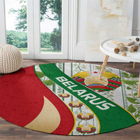 Belarus National Emblem Round Carpet with Green Red Gold Floral Folk Pattern Design