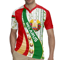 Belarus National Emblem Rugby Jersey with Green Red Gold Floral Folk Pattern Design