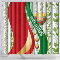 Belarus National Emblem Shower Curtain with Green Red Gold Floral Folk Pattern Design