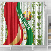 Belarus National Emblem Shower Curtain with Green Red Gold Floral Folk Pattern Design