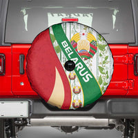 Belarus National Emblem Spare Tire Cover with Green Red Gold Floral Folk Pattern Design