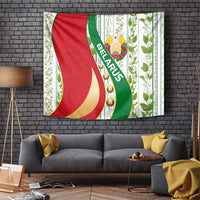 Belarus National Emblem Tapestry with Green Red Gold Floral Folk Pattern Design