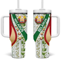 Belarus National Emblem Tumbler With Handle with Green Red Gold Floral Folk Pattern Design