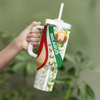 Belarus National Emblem Tumbler With Handle with Green Red Gold Floral Folk Pattern Design