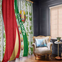 Belarus National Emblem Window Curtain with Green Red Gold Floral Folk Pattern Design