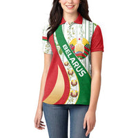 Belarus National Emblem Women Polo Shirt with Green Red Gold Floral Folk Pattern Design