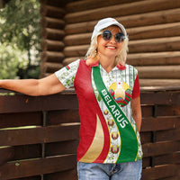 Belarus National Emblem Women Polo Shirt with Green Red Gold Floral Folk Pattern Design