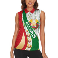 Belarus National Emblem Women Sleeveless Polo Shirt with Green Red Gold Floral Folk Pattern Design