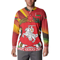 Belarus Red and Yellow National Crest Button Sweatshirt with Pahonia Knight and Folk Motif Design