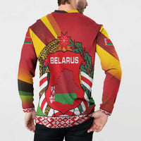 Belarus Red and Yellow National Crest Button Sweatshirt with Pahonia Knight and Folk Motif Design
