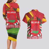 Belarus Red and Yellow National Crest Couples Matching Long Sleeve Bodycon Dress and Hawaiian Shirt with Pahonia Knight and Folk Motif Design