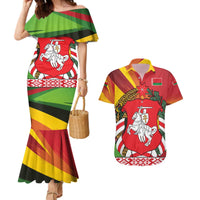 Belarus Red and Yellow National Crest Couples Matching Mermaid Dress and Hawaiian Shirt with Pahonia Knight and Folk Motif Design