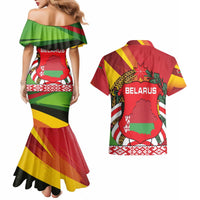 Belarus Red and Yellow National Crest Couples Matching Mermaid Dress and Hawaiian Shirt with Pahonia Knight and Folk Motif Design