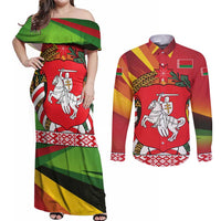 Belarus Red and Yellow National Crest Couples Matching Off Shoulder Maxi Dress and Long Sleeve Button Shirt with Pahonia Knight and Folk Motif Design