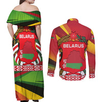 Belarus Red and Yellow National Crest Couples Matching Off Shoulder Maxi Dress and Long Sleeve Button Shirt with Pahonia Knight and Folk Motif Design