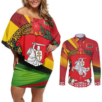 Belarus Red and Yellow National Crest Couples Matching Off Shoulder Short Dress and Long Sleeve Button Shirt with Pahonia Knight and Folk Motif Design