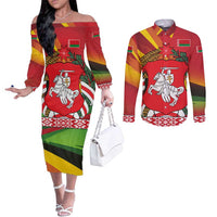 Belarus Red and Yellow National Crest Couples Matching Off The Shoulder Long Sleeve Dress and Long Sleeve Button Shirt with Pahonia Knight and Folk Motif Design
