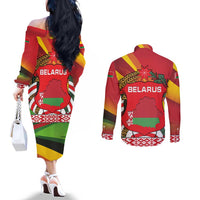 Belarus Red and Yellow National Crest Couples Matching Off The Shoulder Long Sleeve Dress and Long Sleeve Button Shirt with Pahonia Knight and Folk Motif Design