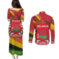 Belarus Red and Yellow National Crest Couples Matching Puletasi and Long Sleeve Button Shirt with Pahonia Knight and Folk Motif Design