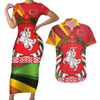 Belarus Red and Yellow National Crest Couples Matching Short Sleeve Bodycon Dress and Hawaiian Shirt with Pahonia Knight and Folk Motif Design