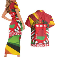 Belarus Red and Yellow National Crest Couples Matching Short Sleeve Bodycon Dress and Hawaiian Shirt with Pahonia Knight and Folk Motif Design