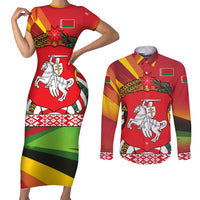 Belarus Red and Yellow National Crest Couples Matching Short Sleeve Bodycon Dress and Long Sleeve Button Shirt with Pahonia Knight and Folk Motif Design