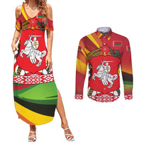 Belarus Red and Yellow National Crest Couples Matching Summer Maxi Dress and Long Sleeve Button Shirt with Pahonia Knight and Folk Motif Design