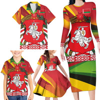 Belarus Red and Yellow National Crest Family Matching Long Sleeve Bodycon Dress and Hawaiian Shirt with Pahonia Knight and Folk Motif Design