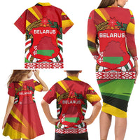 Belarus Red and Yellow National Crest Family Matching Long Sleeve Bodycon Dress and Hawaiian Shirt with Pahonia Knight and Folk Motif Design