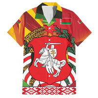 Belarus Red and Yellow National Crest Family Matching Long Sleeve Bodycon Dress and Hawaiian Shirt with Pahonia Knight and Folk Motif Design