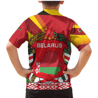 Belarus Red and Yellow National Crest Family Matching Mermaid Dress and Hawaiian Shirt with Pahonia Knight and Folk Motif Design