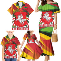 Belarus Red and Yellow National Crest Family Matching Mermaid Dress and Hawaiian Shirt with Pahonia Knight and Folk Motif Design