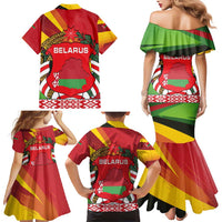 Belarus Red and Yellow National Crest Family Matching Mermaid Dress and Hawaiian Shirt with Pahonia Knight and Folk Motif Design