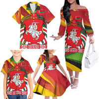 Belarus Red and Yellow National Crest Family Matching Off The Shoulder Long Sleeve Dress and Hawaiian Shirt with Pahonia Knight and Folk Motif Design