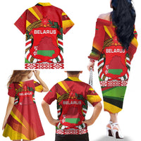Belarus Red and Yellow National Crest Family Matching Off The Shoulder Long Sleeve Dress and Hawaiian Shirt with Pahonia Knight and Folk Motif Design