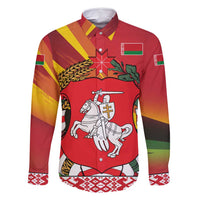 Belarus Red and Yellow National Crest Family Matching Off Shoulder Maxi Dress and Hawaiian Shirt with Pahonia Knight and Folk Motif Design