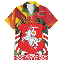 Belarus Red and Yellow National Crest Family Matching Off Shoulder Short Dress and Hawaiian Shirt with Pahonia Knight and Folk Motif Design