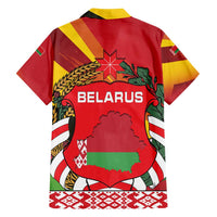 Belarus Red and Yellow National Crest Family Matching Off Shoulder Short Dress and Hawaiian Shirt with Pahonia Knight and Folk Motif Design
