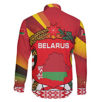 Belarus Red and Yellow National Crest Family Matching Off Shoulder Short Dress and Hawaiian Shirt with Pahonia Knight and Folk Motif Design