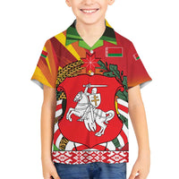 Belarus Red and Yellow National Crest Family Matching Off Shoulder Short Dress and Hawaiian Shirt with Pahonia Knight and Folk Motif Design