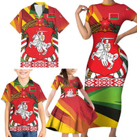 Belarus Red and Yellow National Crest Family Matching Short Sleeve Bodycon Dress and Hawaiian Shirt with Pahonia Knight and Folk Motif Design