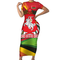 Belarus Red and Yellow National Crest Family Matching Short Sleeve Bodycon Dress and Hawaiian Shirt with Pahonia Knight and Folk Motif Design
