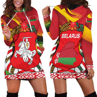 Belarus Red and Yellow National Crest Hoodie Dress with Pahonia Knight and Folk Motif Design