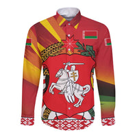 Belarus Red and Yellow National Crest Long Sleeve Button Shirt with Pahonia Knight and Folk Motif Design