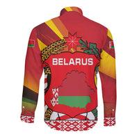 Belarus Red and Yellow National Crest Long Sleeve Button Shirt with Pahonia Knight and Folk Motif Design